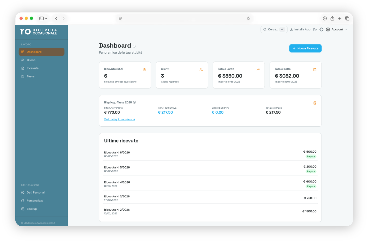 Dashboard del software Ricevuta Occasionale
